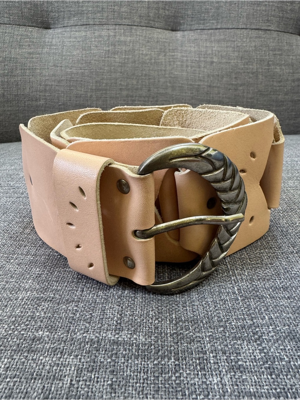Wide Nude Leather Belt with Braided Metal Buckle